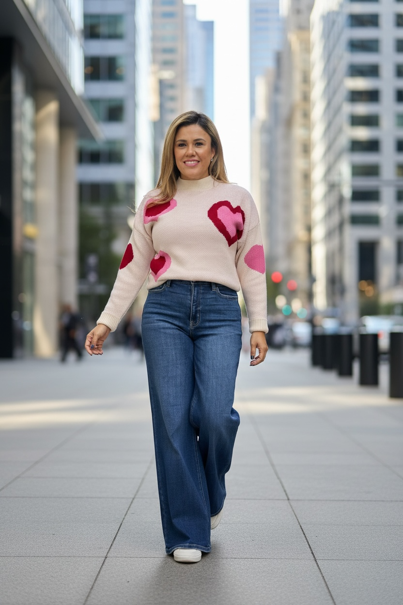 Suéter Ivory con Corazones Rojos con Rosa